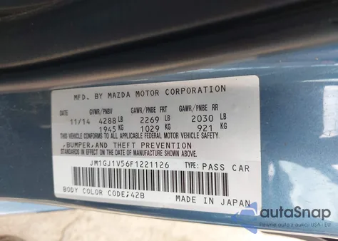 2015 Mazda Mazda6 I Touring из США, поврежденный, VIN JM1GJ1V56F1221126